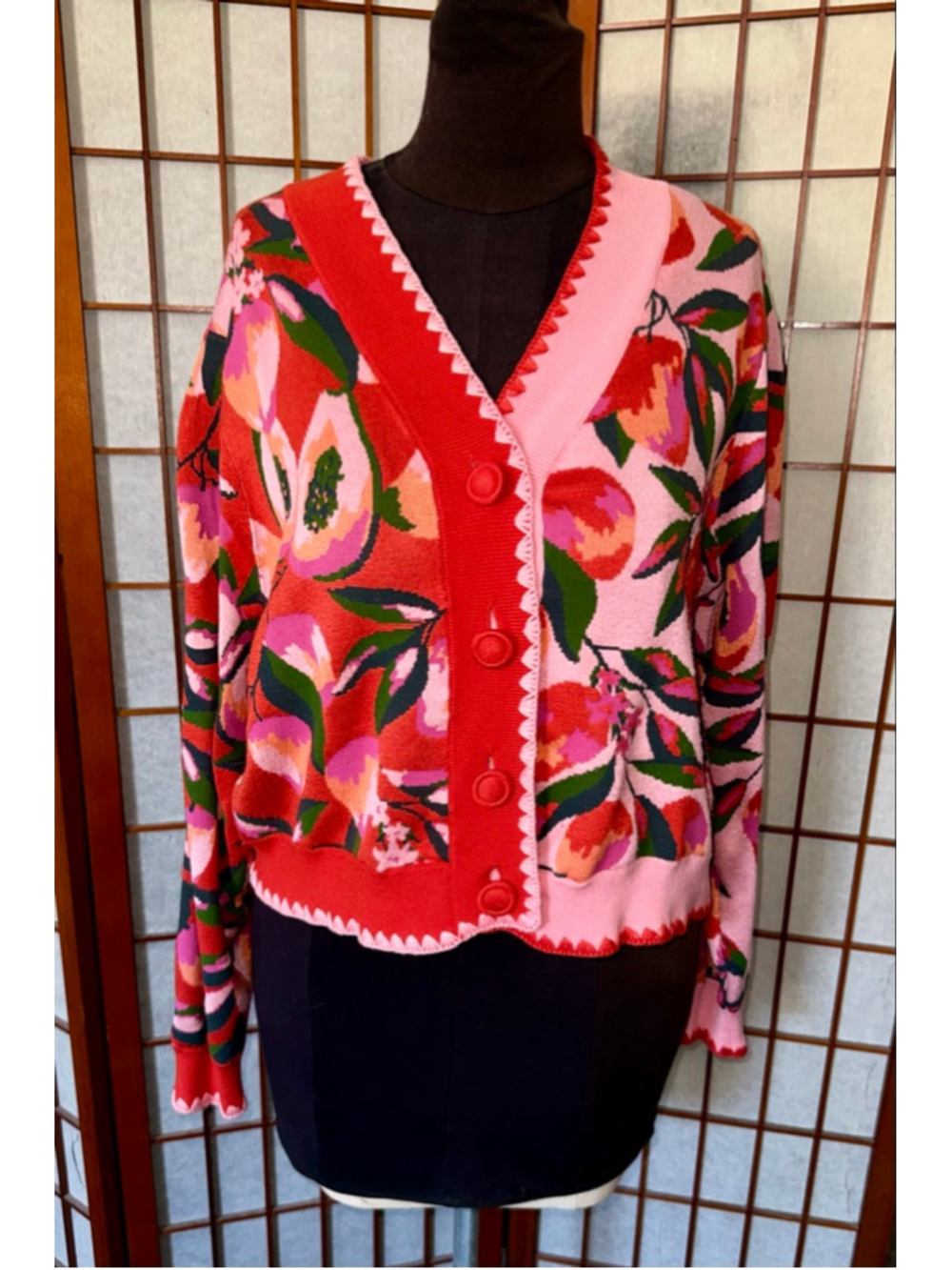 Farm Rio Pink Floral Knit Cardigan XL Colorblock Statement Sweater